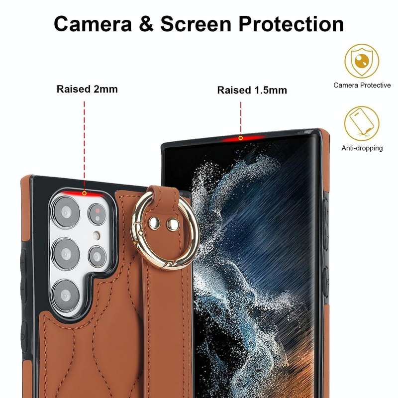 For Samsung Galaxy S22 Ultra Non-slip Full Coverage Ring PU Phone Case with Wristband(Brown)