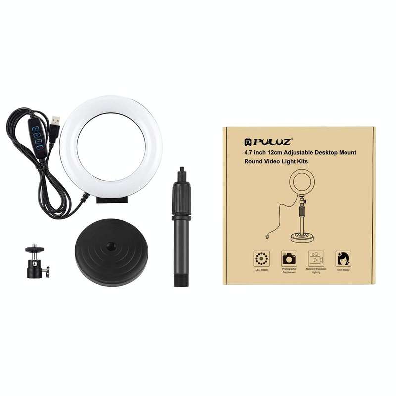 PULUZ Round Base Desktop Holder + 4.7 inch 12cm 3 Modes USB Dimmable LED Ring Vlogging Video Ligh...