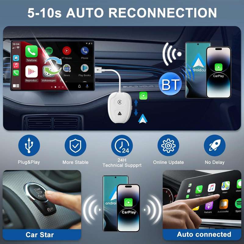 THT-020-9-1 USB + USB-C / Type-C Wired to Wireless Carplay / Android Auto Adapter(White)