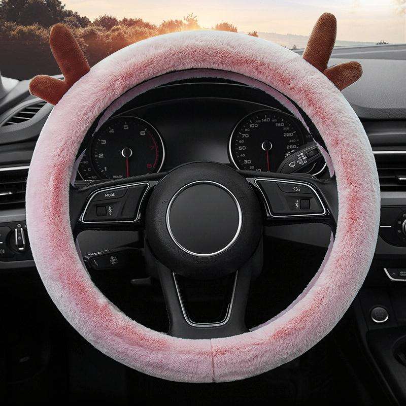 Antler Thick Plush Steering Wheel Cover, Style: O Type (Pink)