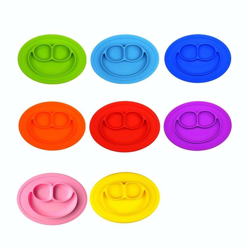 Smile Style One-piece Round Silicone Suction Placemat for Children, Built-in Plate and Bowl (Blue)