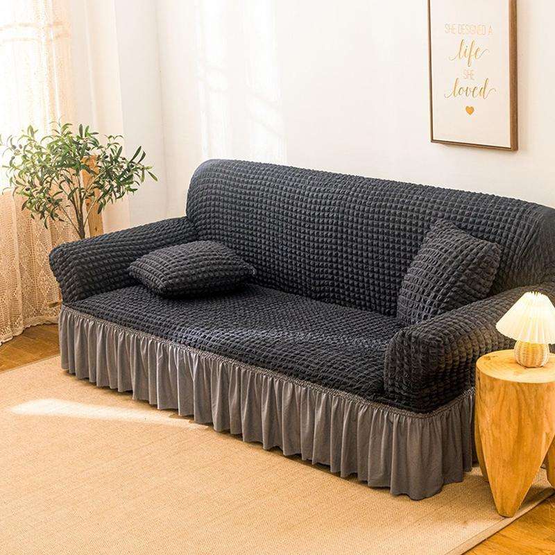 Living Room Stretch Full Coverage Skirt Style Sofa Cover, Size: Double M 145-185cm(Dark Grey Midd...
