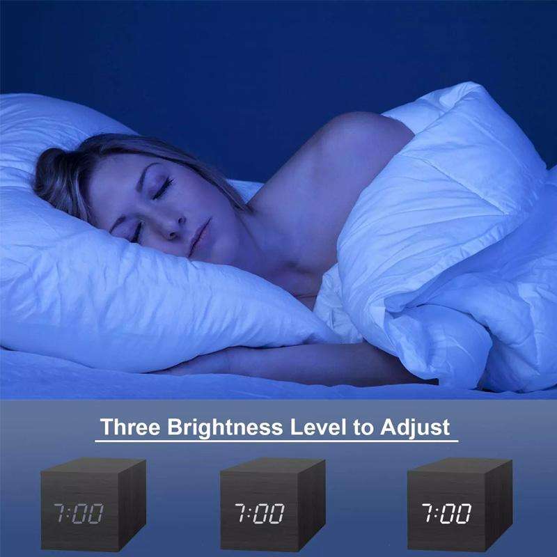 Multicolor Sounds Control Wooden Clock Modern Digital LED Desk Alarm Clock Thermometer Timer Blac...