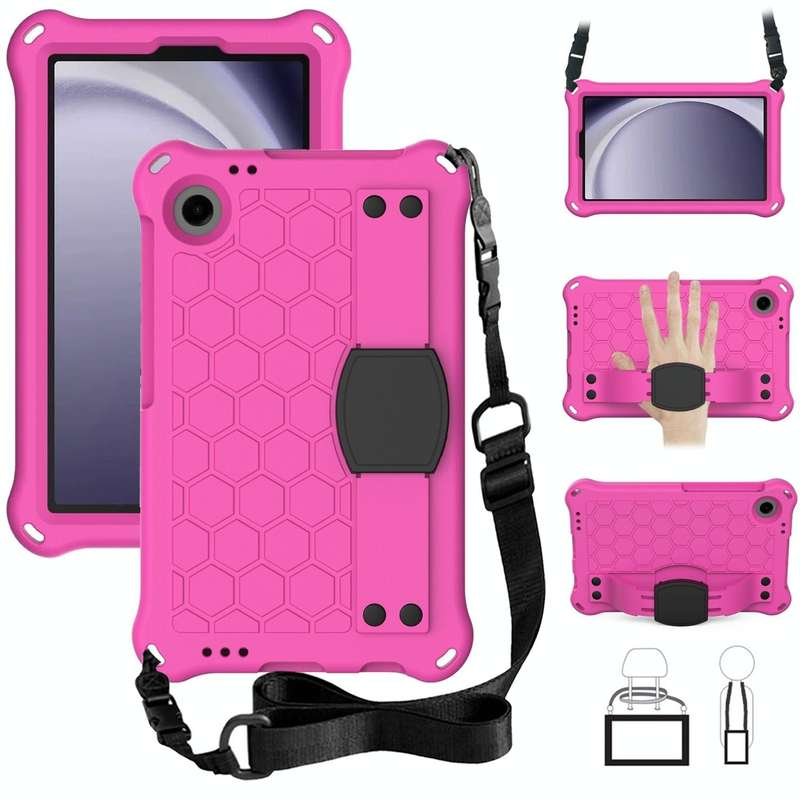 For Samsung Galaxy Tab A9 8.7 X110/X115 Honeycomb EVA Hybrid PC Tablet Case with Strap(Rose Red+B...
