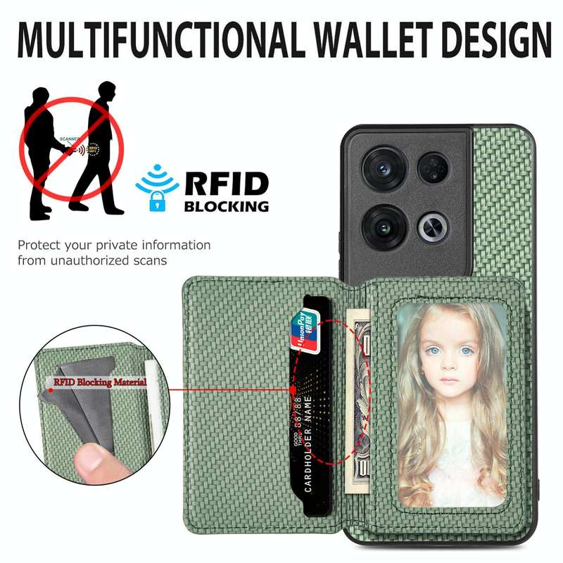For OPPO Reno 8 Pro Carbon Fiber Magnetic Card Bag Phone Case(Green)