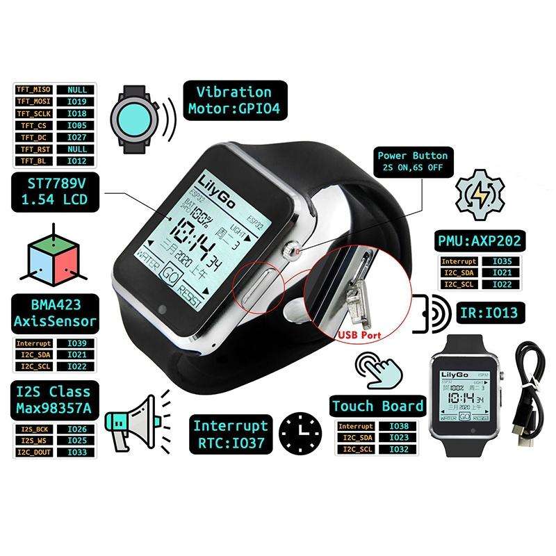 TTGO T-Watch-2020 ESP32 Main Chip 1.54 inch Touch Display Programmable Wearable Watch (Black)