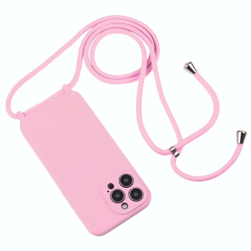 For iPhone 14 Pro Max Crossbody Lanyard Liquid Silicone Case(Pink)
