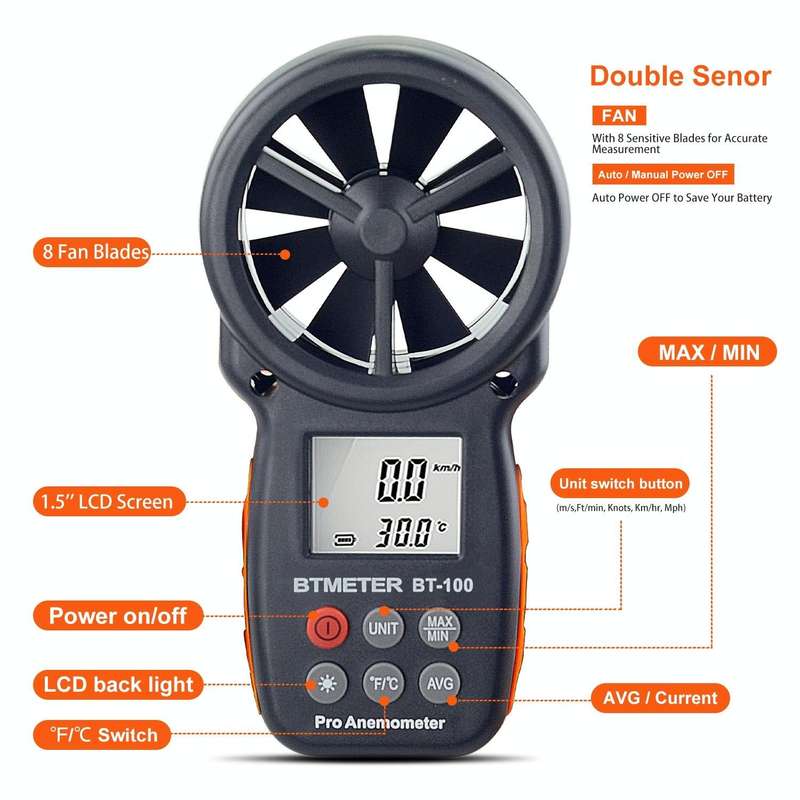 BT-100 Handheld Anemometer Wind Speed Wind Chill Temperature Measuring Instrument(Black)