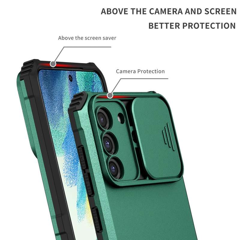 For Samsung Galaxy S21 FE 5G Stereoscopic Holder Sliding Camshield Phone Case(Green)