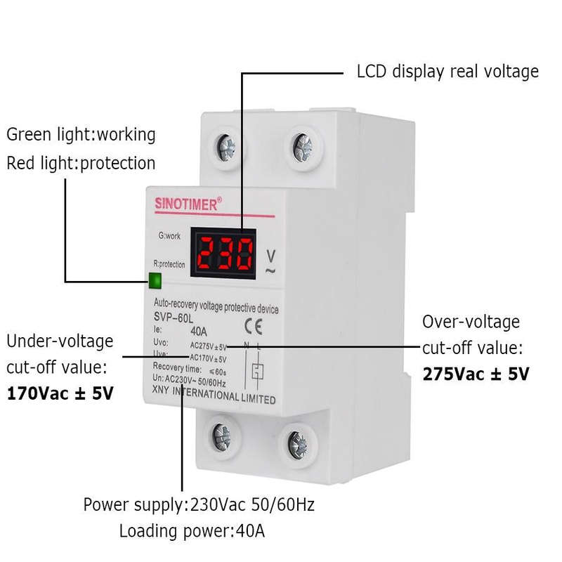 SINOTIMER 220V LED Digital Display Delay Automatic Reset Under-voltage Protector(SVP-60L)