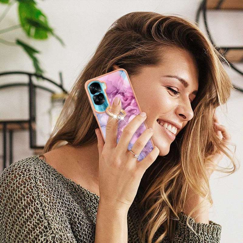 For Honor 90 Lite 5G Electroplating Marble Dual-side IMD Phone Case with Ring(Pink 013)