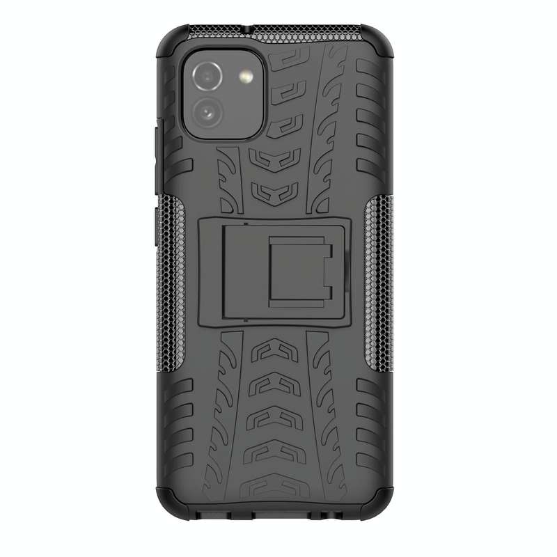 For Samsung Galaxy A03 Global Tire Texture TPU + PC Phone Case with Holder(Black)