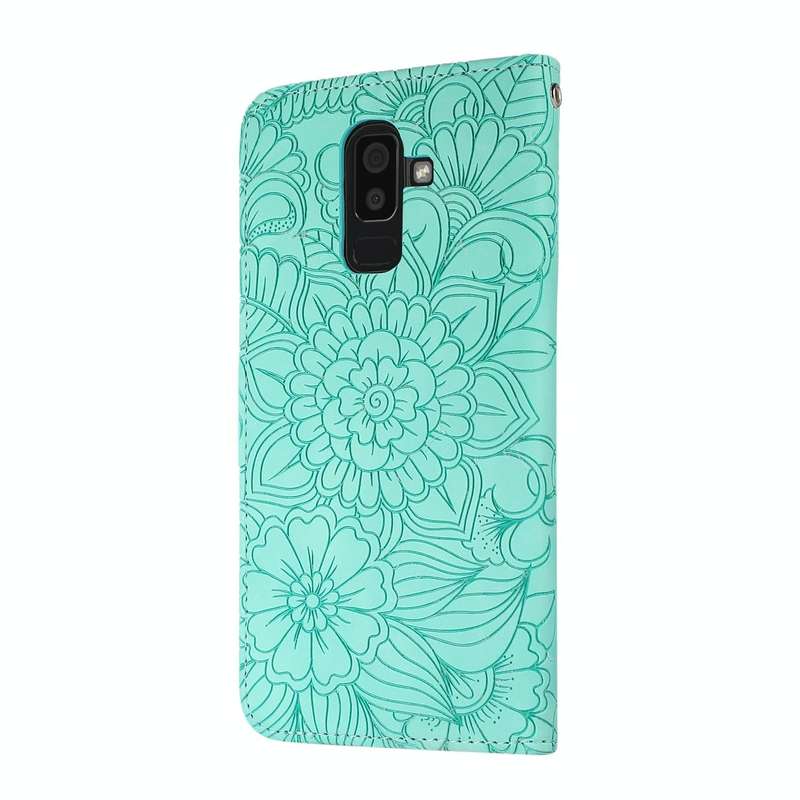 For Samsung Galaxy J8 Skin Feel Embossed Sunflower Horizontal Flip Leather Case with Holder & Car...