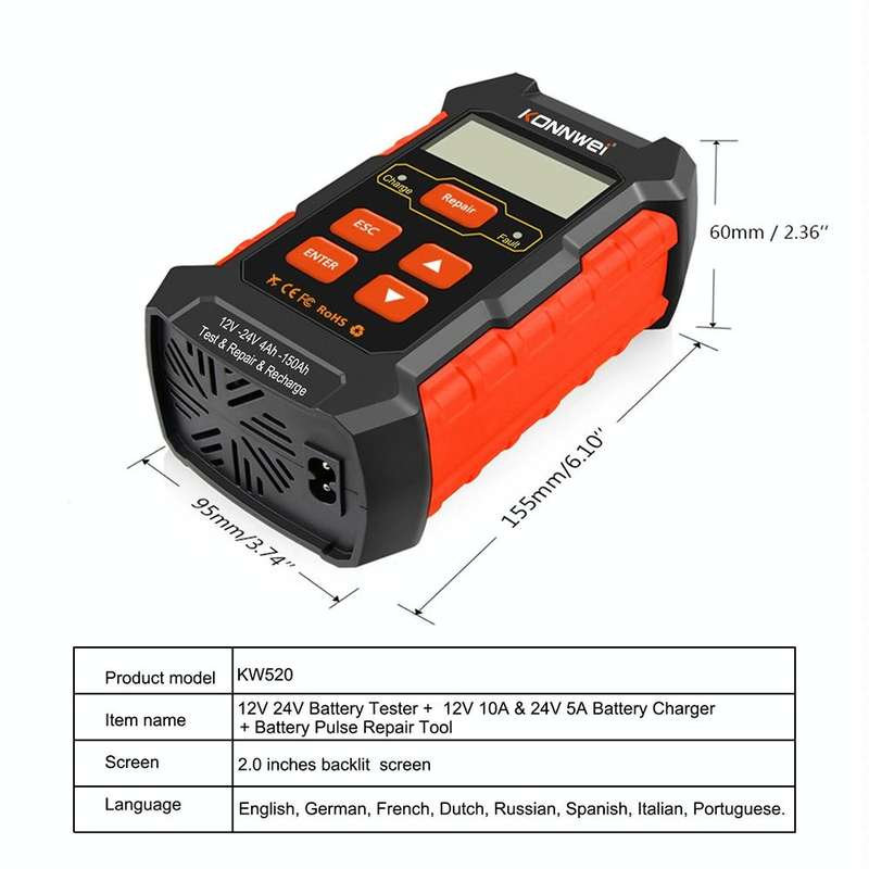 KONNWEI KW520 12V / 24V 3 in 1 Car Battery Tester with Detection & Repair & Charging Function(EU ...
