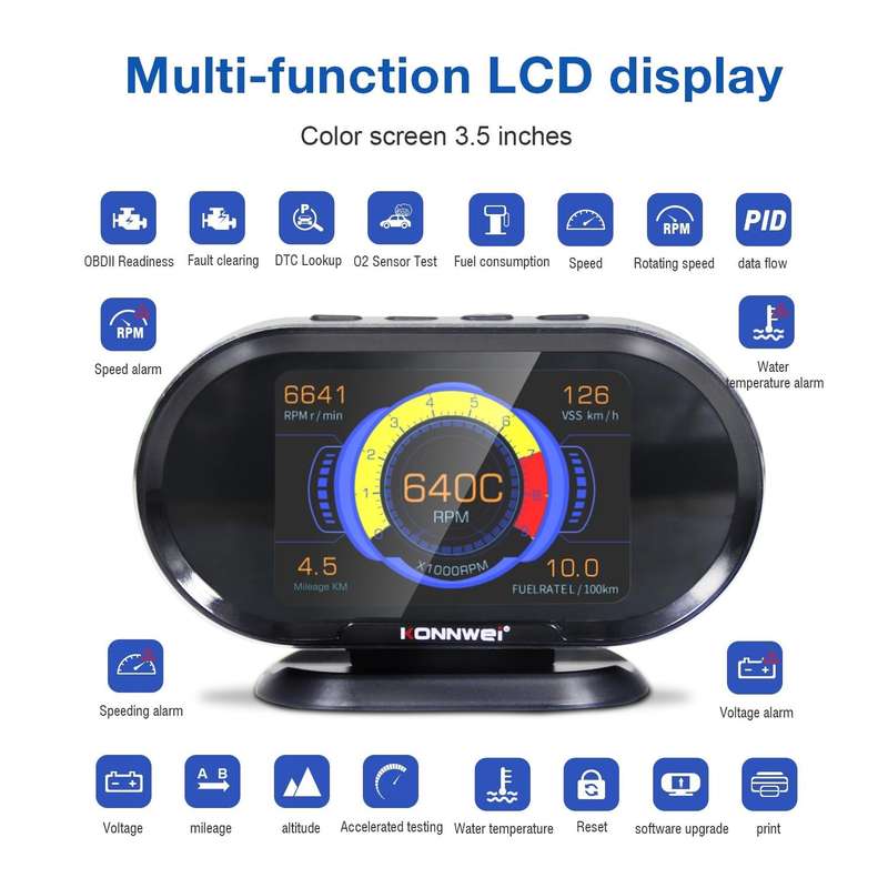 KONNWEI KW206 2 in 1 OBDII / EOBD12V Car Fault Scanner + 3.5 inch LCD Monitor