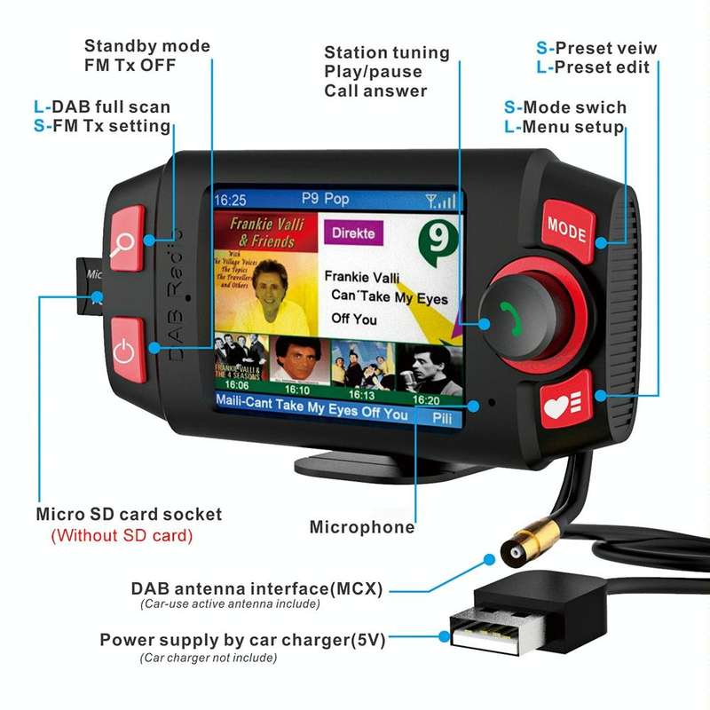 DAB-C8 Car DAB+ Digital Radio Receiver Color Screen Bluetooth Hands-free
