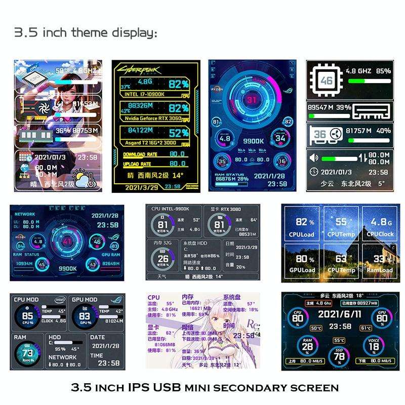 3.5 Inch IPS View All Computer Monitor USB Chassis Vice Screen Set 2 (Black)