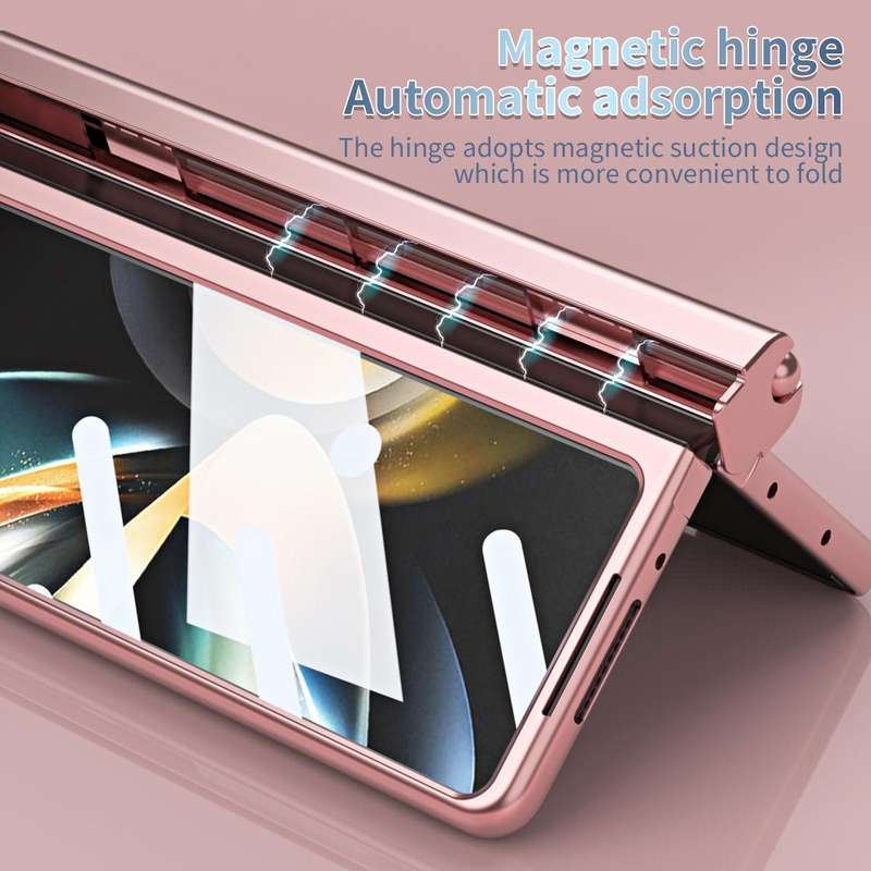 For Samsung Galaxy Z Fold5 Electroplating Corrugated Hinge Folding Phone Case with Pen Slot(Pink)