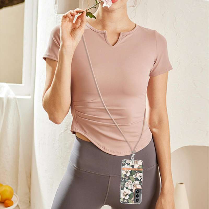 For Samsung Galaxy S23 5G Flowers and Plants Series IMD TPU Phone Case with Lanyard(Green Gardenia)