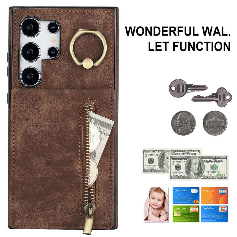 For Samsung Galaxy S24 Ultra 5G Retro Ring and Zipper RFID Card Slot Phone Case(Brown)