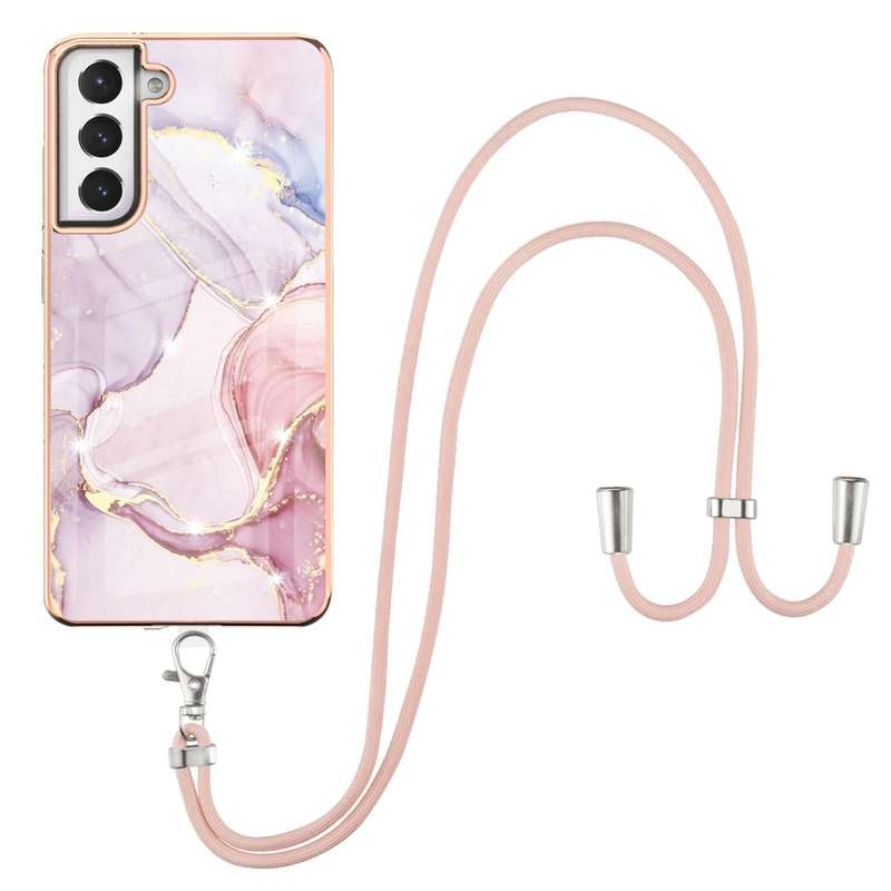 For Samsung Galaxy S21 FE 5G Electroplating Marble Pattern IMD TPU Shockproof Case with Neck Lany...