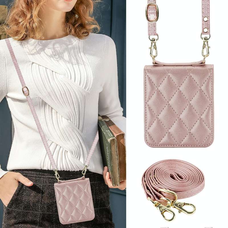 For Huawei P50 Pocket Rhombic Texture Card Bag Phone Case with Dual Lanyard(Rose Gold)