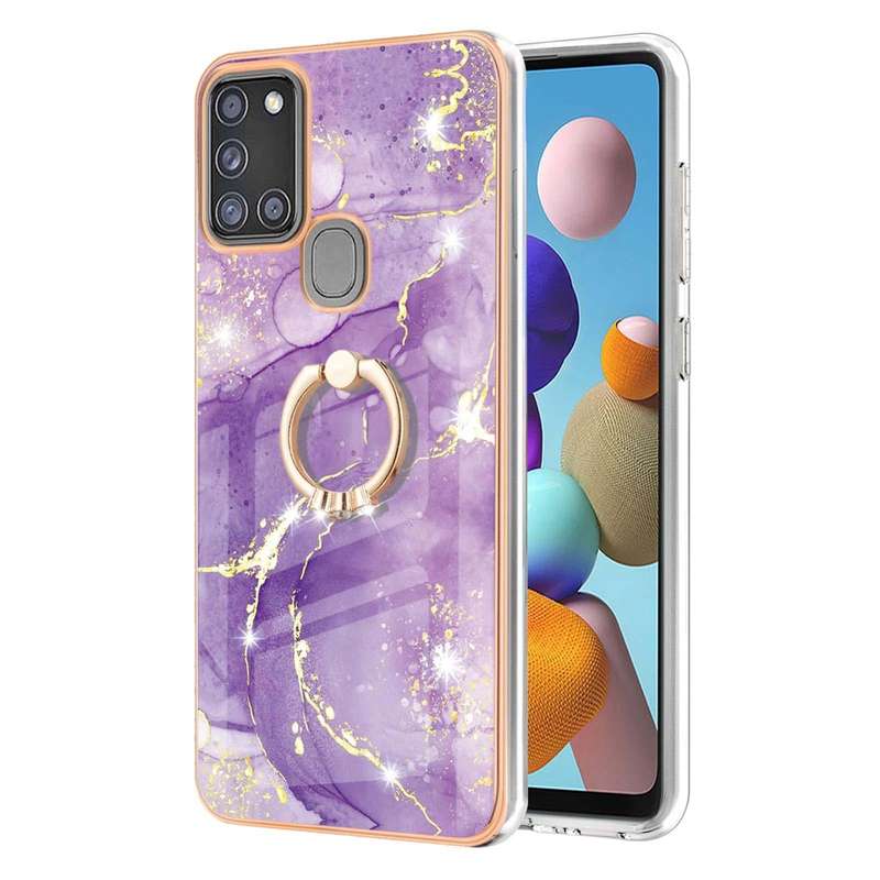 For Samsung Galaxy A21s Electroplating Marble Pattern IMD TPU Shockproof Case with Ring Holder(Pu...