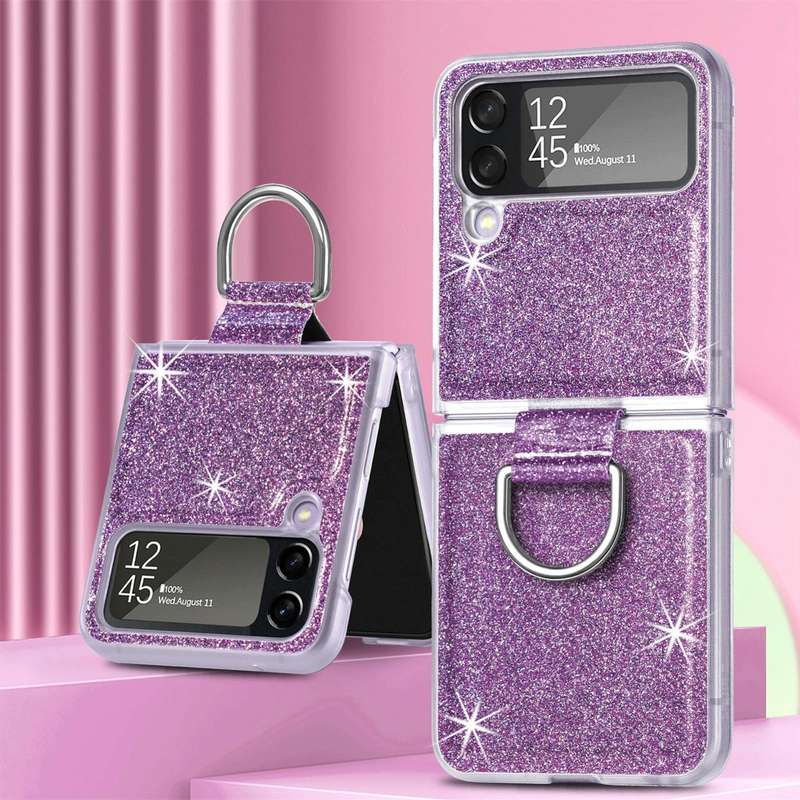 For Samsung Galaxy Z Flip4 Glitter Leather Skin PC Phone Case with Ring(Purple)