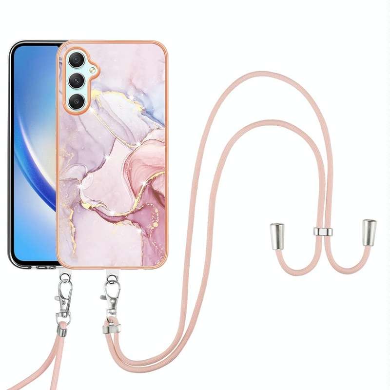 For Samsung Galaxy A24 4G Electroplating Marble Dual-side IMD Phone Case with Lanyard(Rose Gold 005)