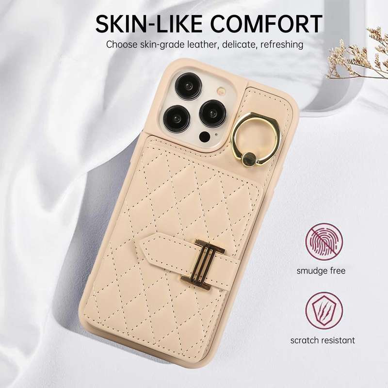 For iPhone 14 Pro Max Horizontal Card Bag Ring Holder Phone Case with Dual Lanyard(Beige)