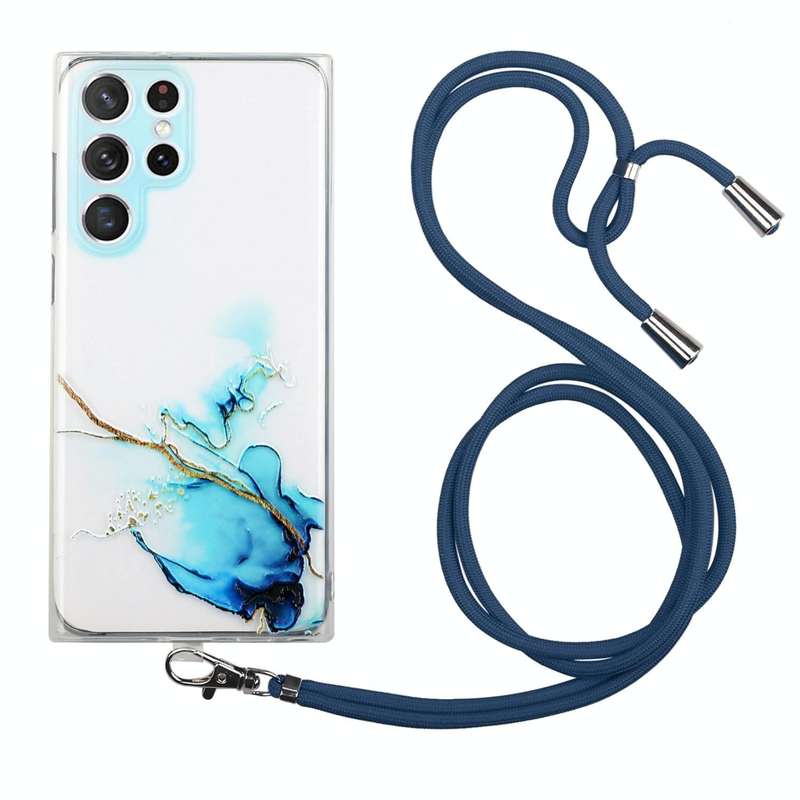 For Samsung Galaxy S22 Ultra 5G Hollow Marble Pattern TPU Shockproof Phone Case with Neck Strap R...