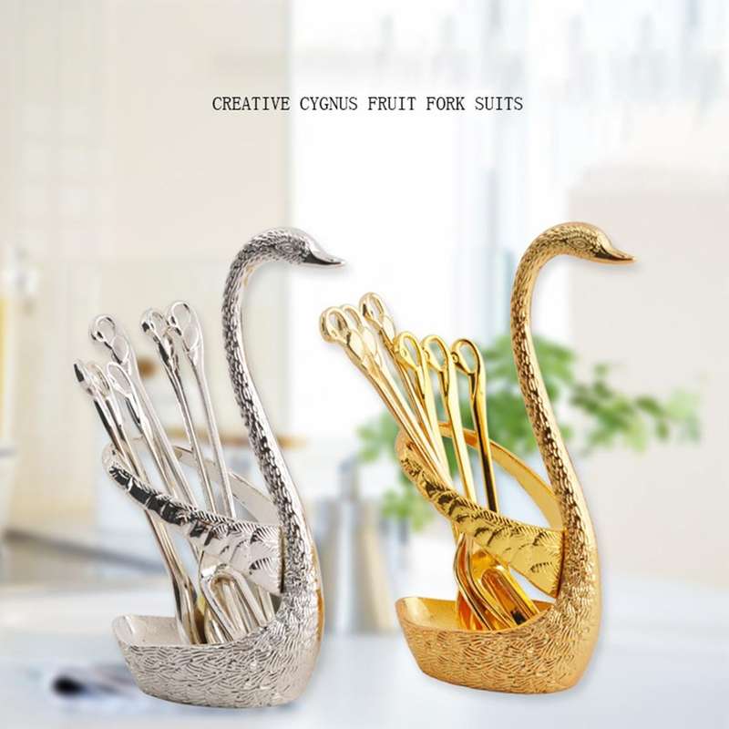Swan Fruit Fork And Spoon Set Dessert Fork Fruit Fork Rack Tableware Wedding Gift, Colour: Golden...