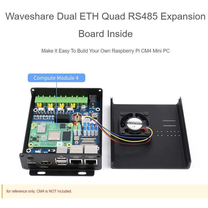 Waveshare Dual ETH Mini-Computer for Raspberry Pi CM4, Gigabit Ethernet, 4CH Isolated RS485(EU Plug)