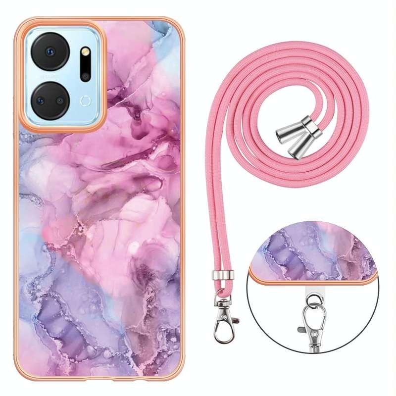 For Honor X7a Electroplating Marble Dual-side IMD Phone Case with Lanyard(Pink 013)