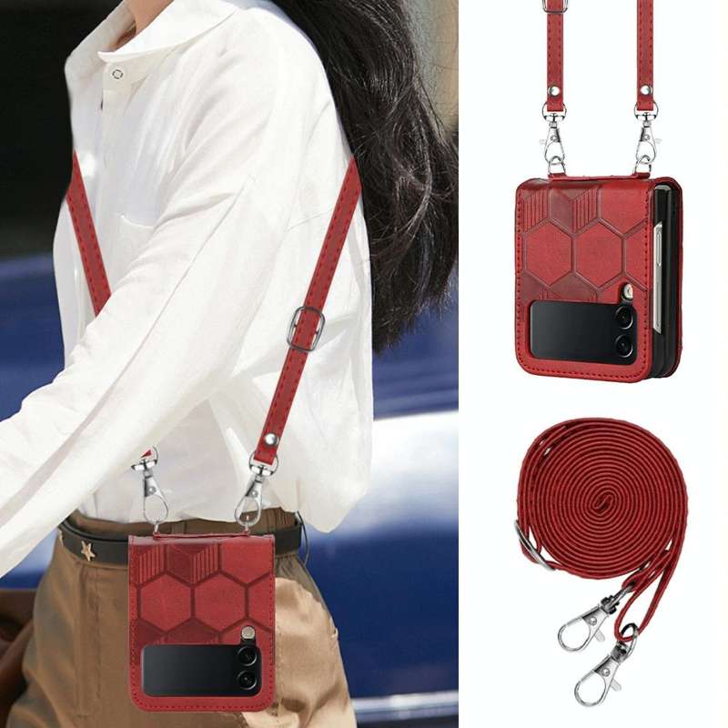 For Samsung Galaxy Z Flip4 Crossbody Football Texture Leather Phone Case(Red)