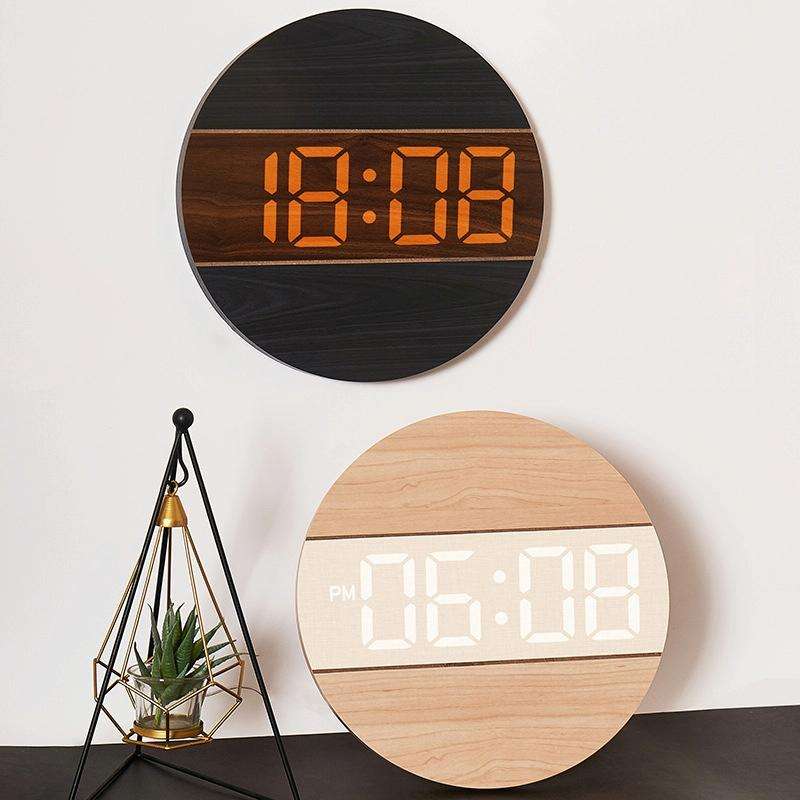 G218B Wooden Living Room Digital Display Clock Home Decoration Wall Clock(Khaki)