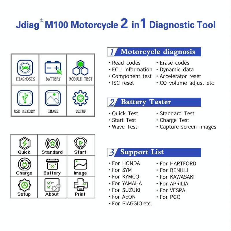 JDiag M100 Motorcycles 2 in1 OBD Scanner Battery Tester