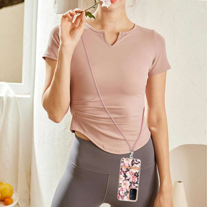 For OPPO A74 5G / A93 5G / A54 5G / A93S 5G Flowers Series TPU Phone Case with Lanyard(Pink Garde...