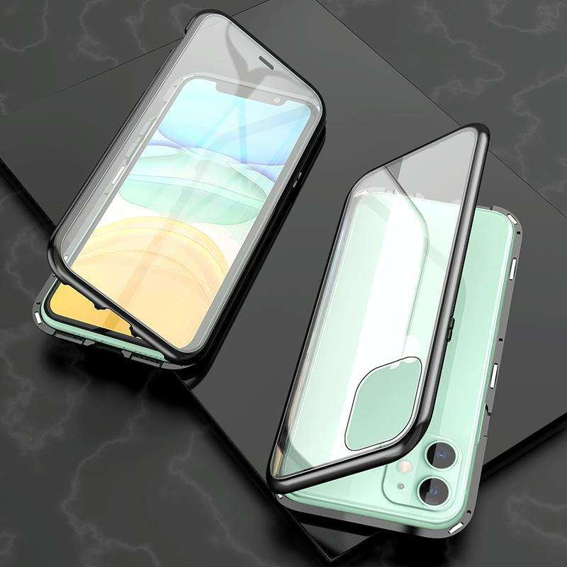 For iPhone 11 Ultra Slim Double Sides Magnetic Adsorption Angular Frame Tempered Glass Magnet Fli...