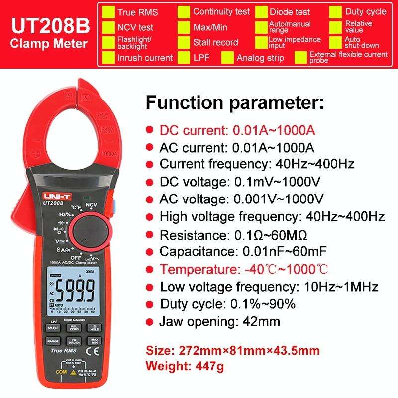 UNI-T UT208B 1000A 42mm Jaw Size Digital Clamp Meter AC DC Voltage Detector