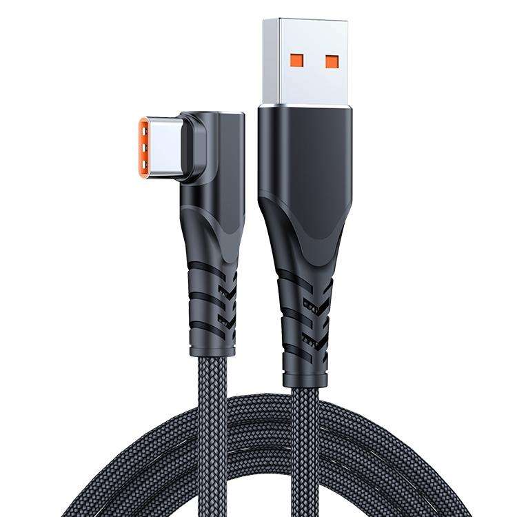 6A 66W USB to USB-C / Type-C Elbow Mobile Phone Game Fast Data Cable, Length:2m(Black)