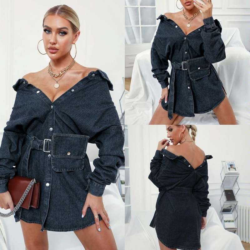 Women Neckline Retro Bag Denim Skirt (Color:Blue Size:Free Size)
