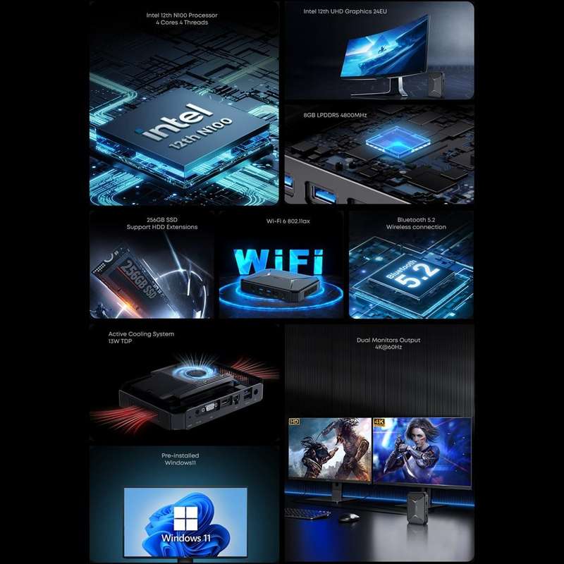 CHIWI HeroBox Mini PC, Windows 11, Intel Celeron N5100 Quad Core up to 2.8 GHz, 8GB+256GB, Suppor...