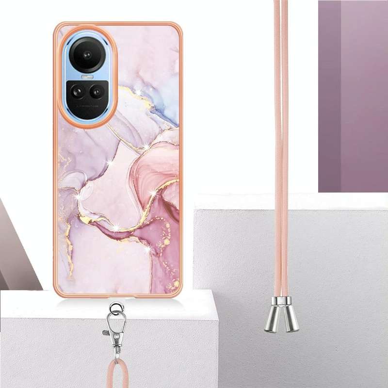 For OPPO Reno10 5G Global Electroplating Marble Dual-side IMD Phone Case with Lanyard(Rose Gold 005)