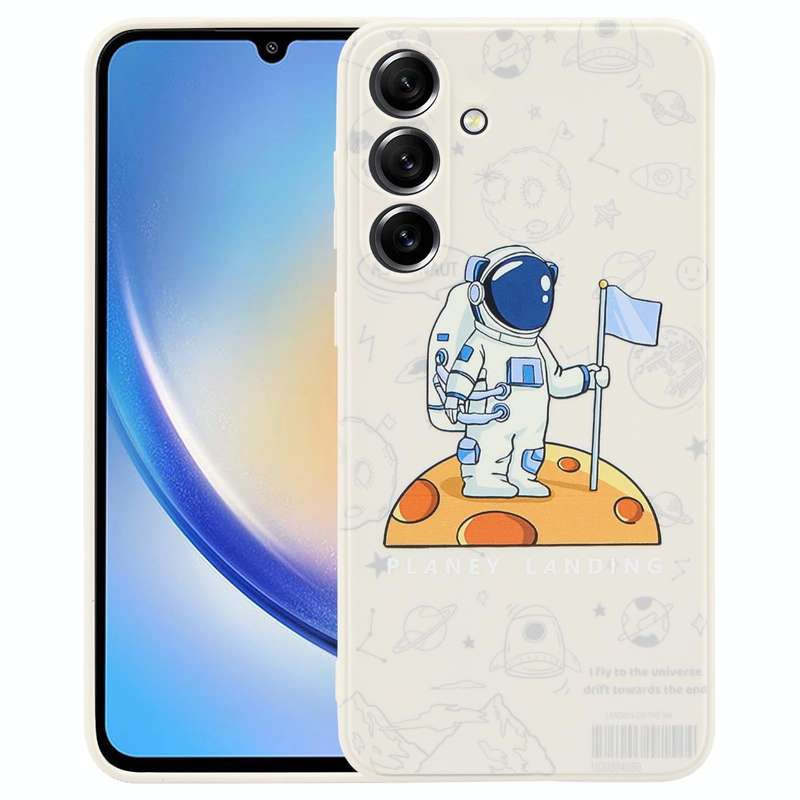 For Samsung Galaxy A34 5G Astronaut Pattern Silicone Straight Edge Phone Case(Planet Landing-White)