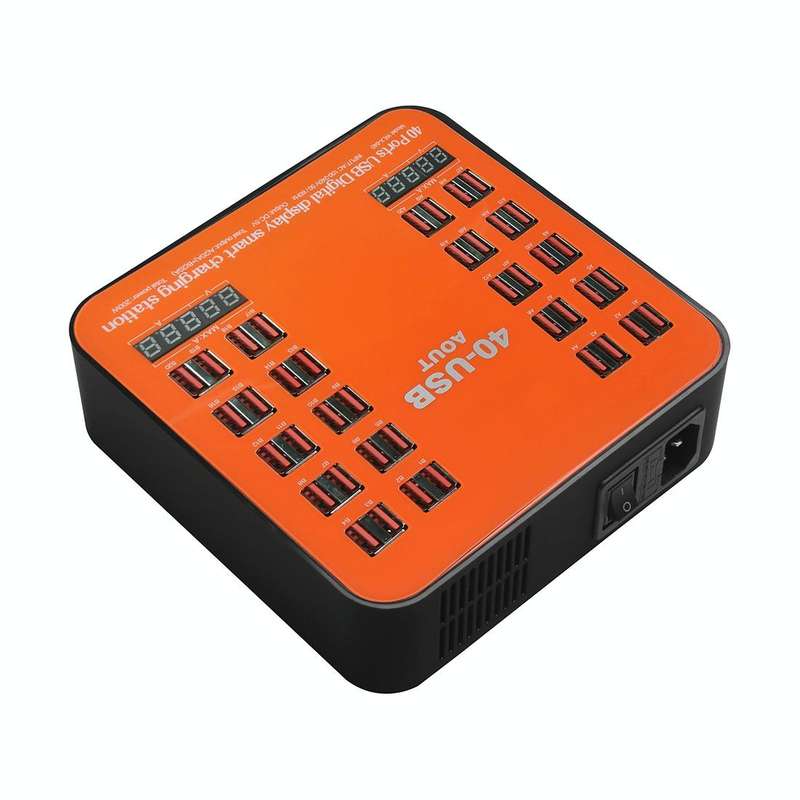 WLX-840 200W 40 Ports USB Digital Display Smart Charging Station AC100-240V, EU Plug (Black+Orange)