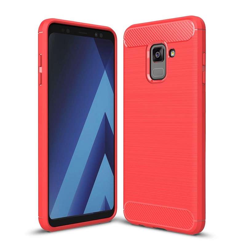 For Galaxy A8 (2018) Brushed Texture Carbon Fiber Shockproof TPU Protective Back Case (Red)