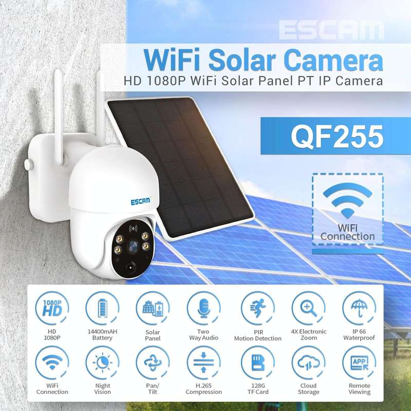 ESCAM QF255 2.0 Million Pixels 1080P HD WiFi Solar Camera, Support Two-way Voice & PIR Motion Det...