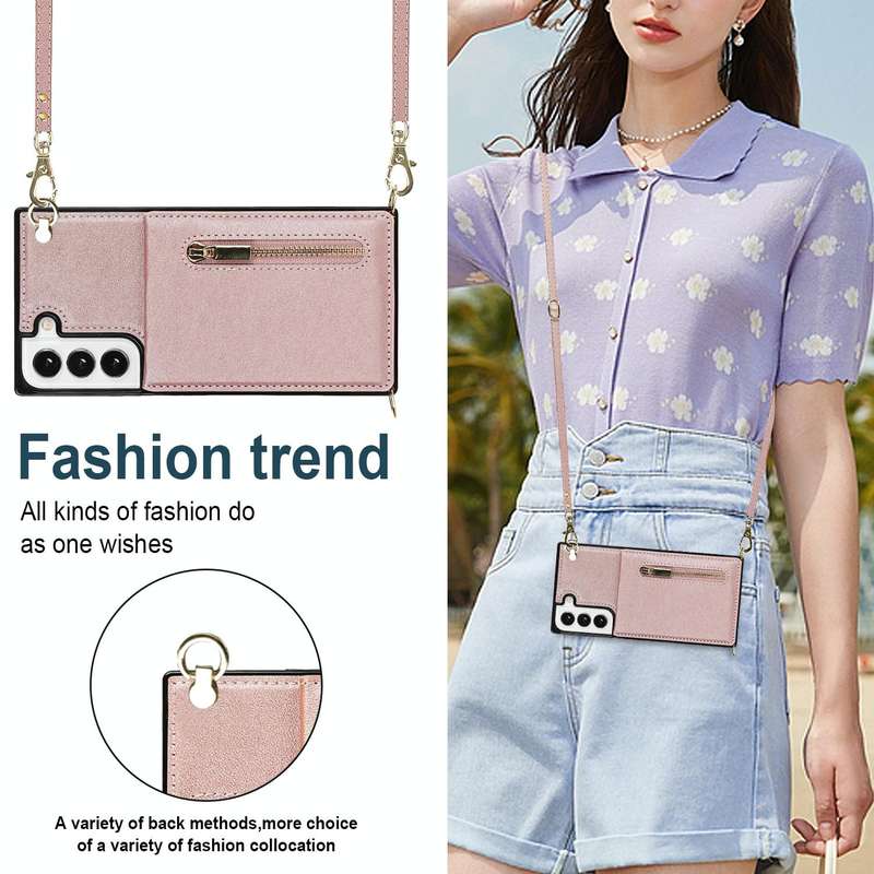 For Samsung Galaxy S22+ 5G Cross-body Square Zipper Card Holder Bag Phone Case(Rose Gold)