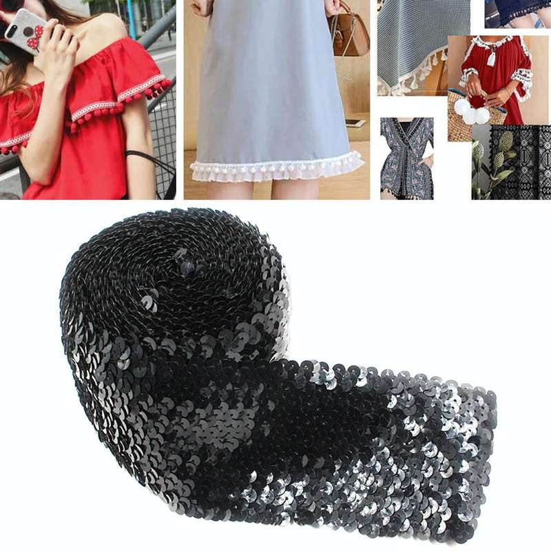 ZP000875 8 Rows Elastic Sequin Lace Webbing DIY Clothing Accessories, Length: 5m, Width: 7.5cm(Bl...